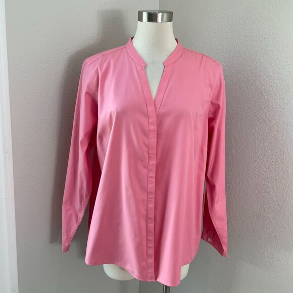 LL Bean Womens Plus 1X Pink Wrinkle Free Collarless Button Up Shirt Long Sleeve - Picture 1 of 9